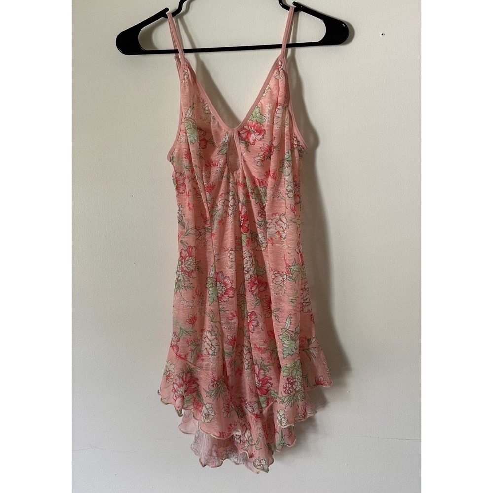 Pink Floral Mesh Ruffle Hem Chemise‎ Nightgown Romper Adjustable Straps Large